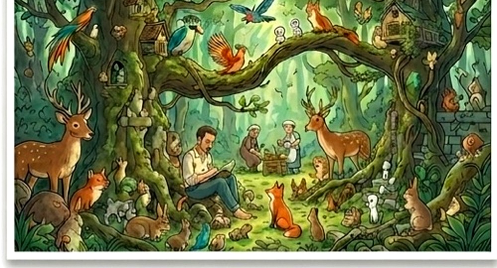 Studio Ghibli style forest — the writer at rest among the trees