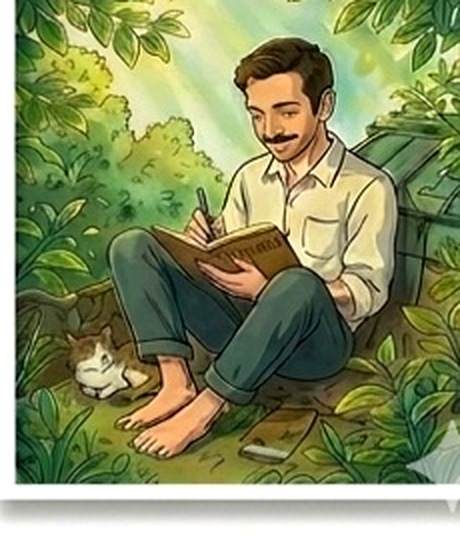 The writer, barefoot with his diary
